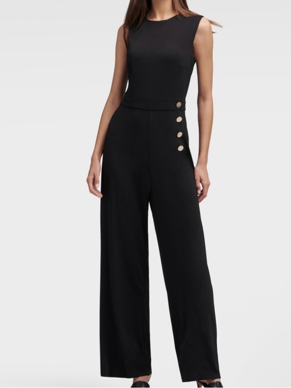 DKNY Black Sleeveless Wide-Leg Jumpsuit with Gold Button Detail -Size 6